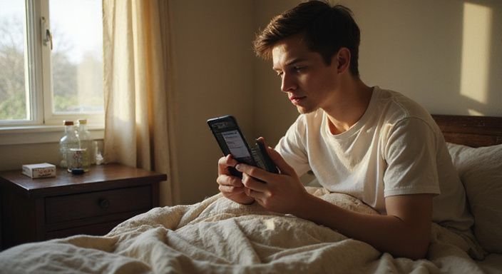 Junger Erwachsener nutzt eine Dating-App in einem unordentlichen Schlafzimmer. Junger Erwachsener nutzt eine Dating-App für Sexkontakt Zürich in einem unordentlichen Schlafzimmer.