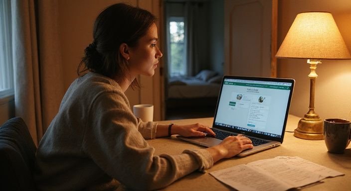 Eine Frau konzentriert sich am Schreibtisch auf ihren Laptop.