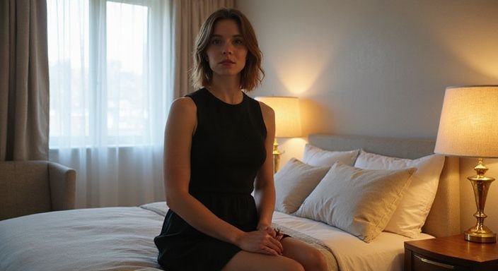 Eine nachdenkliche Frau in einem modernen Hotelzimmer sitzt auf dem Bett.