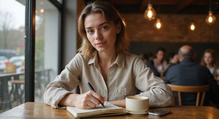Eine konzentrierte Frau schreibt in einem Café-Notizbuch. Eine konzentrierte Frau schreibt in einem Café-Notizbuch.