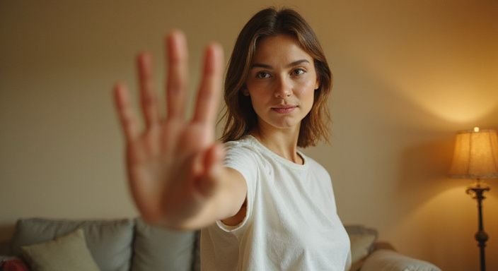Eine Frau zeigt mit einer Handgeste persönliche Durchsetzung und Entschlossenheit. Eine Frau zeigt mit einer Handgeste persönliche Durchsetzung und Entschlossenheit.