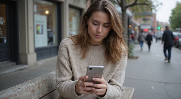 Eine junge Frau sitzt nachdenklich auf einer Betonbank und schaut aufs Handy. Eine junge Frau sitzt nachdenklich auf einer Betonbank und suche auf ihre Handy nach sichere und zuverlässige Sex-Dates.
