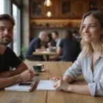 Sichere und zuverlässige Sex-Dates Zwei Personen unterhalten sich am Tisch in einem Café