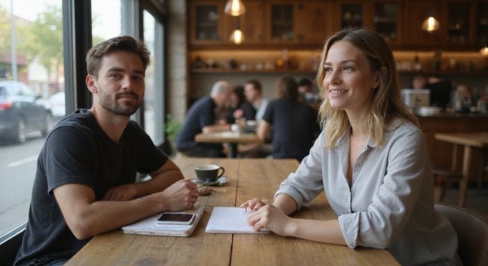 Ein Café-Tisch mit persönlichen Gegenständen und einem Smartphone. Zwei Personen unterhalten sich am Tisch in einem Café und wollen sichere und zuverlässige Sex-Dates.