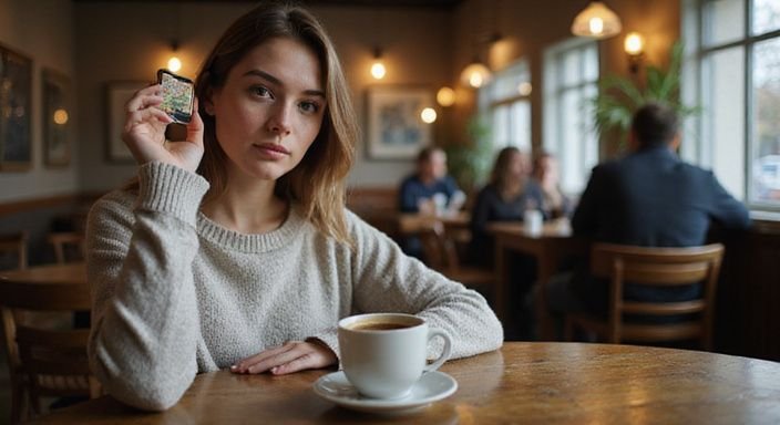 Eine Frau mit Smartphone teilt ihren Standort in einem Café. Eine Frau mit Smartphone teilt ihren Standort in einem Café.