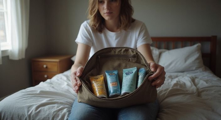 Eine Person organisiert sorgfältig Gesundheitsartikel auf einem ungemachten Bett. Eine Person organisiert sorgfältig Gesundheitsartikel auf einem ungemachten Bett.