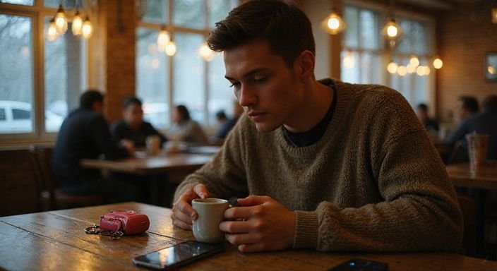 Eine junge Person sitzt allein in einem Café und betrachtet ihr Handy. Eine junge Person sitzt allein in einem Café und betrachtet ihr Handy für sichere und zuverlässige Sex-Dates.