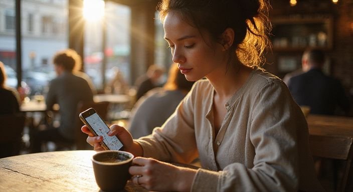 Eine konzentrierte Frau sitzt allein in einem belebten Café. Eine konzentrierte Frau sitzt allein in einem belebten Café.