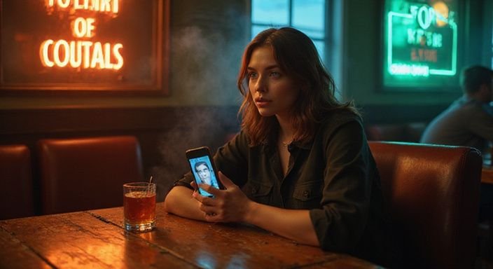 Eine Frau sitzt alleine im Bar und führt einen Videoanruf. Eine Frau sitzt alleine im Bar und führt einen Videoanruf.