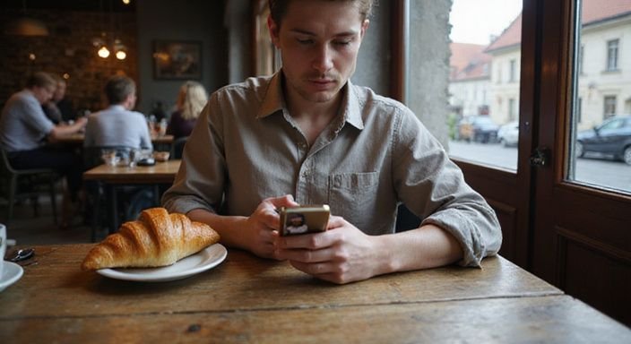 Eine nachdenkliche Person betrachtet Dating-Profile für flirten und daten in Freiburg  in einem Café.