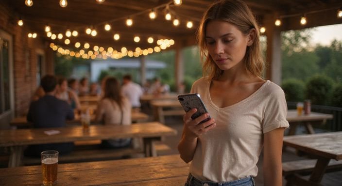 Eine nachdenkliche Frau betrachtet eine Dating-App für flirten und daten in Freiburg  in einem Biergarten.