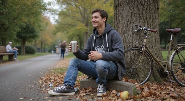 Eine junge Person lächelt und engagiert sich beim Sammeln von Müll.