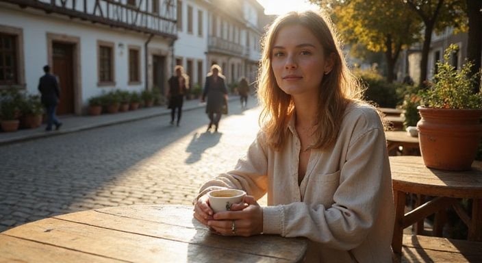 Eine Frau genießt entspannt ihren Kaffee in einem Café in Freiburg.