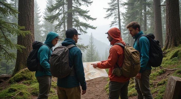 Vier Hiker studieren eine topografische Karte auf einem nebligen Trail.