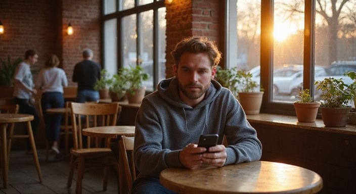 Ein Mann sitzt allein in einem Café und wollen flirten und daten in Freiburg.