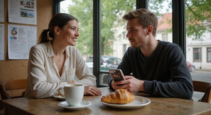 Zwei junge Erwachsene genießen Kaffee und diskutieren über flirten und daten in Freiburg an einem Tisch.