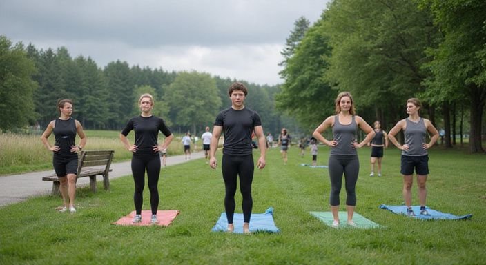 Junge Erwachsene praktizieren Yoga in einem belebten Park.